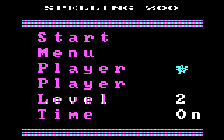 Alphabet Zoo (PC Booter) screenshot: Spelling Zoo: options (CGA, RGB)