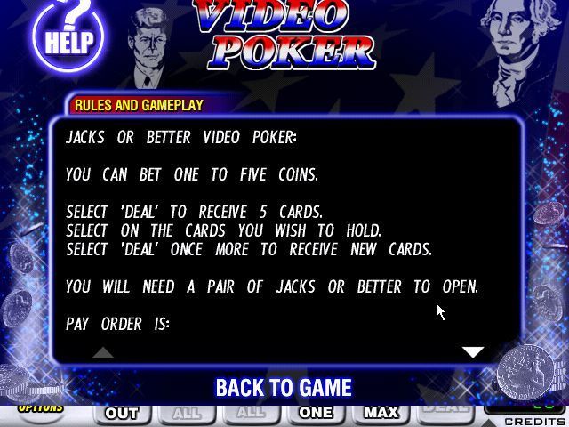 US Video Poker (Windows) screenshot: The first of the two screens of in-game help text