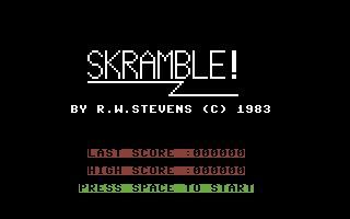 Super Skramble! (Commodore 64) screenshot: The title screen and high score table.