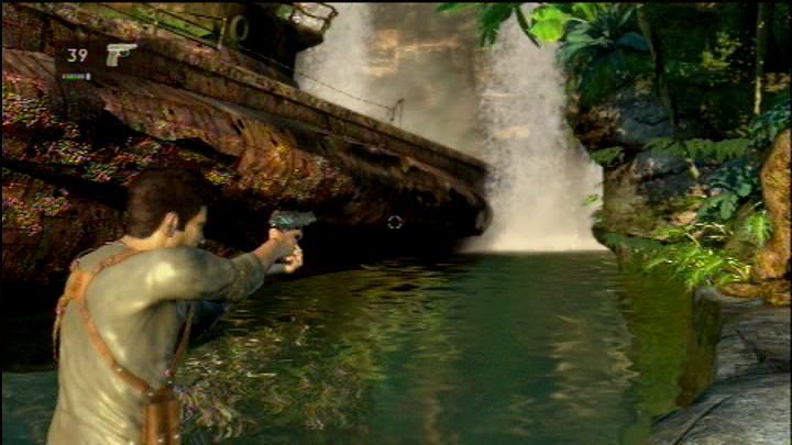 Uncharted: Drake's Fortune (PlayStation 3) screenshot: He doesn't seem surprised to see a German U-boat in the middle of the jungle.