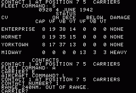 Midway Campaign (Apple II) screenshot: Heavy damage Midway - I try to lauch counter but out of range 240NM must be 200NM or less