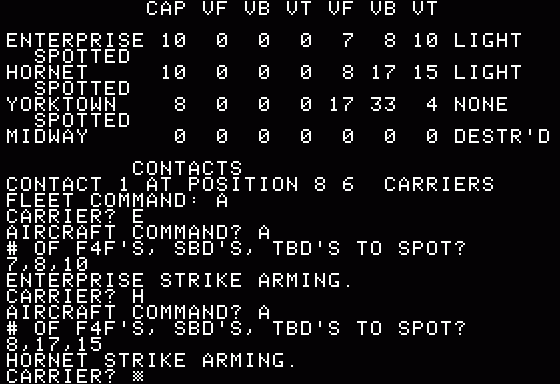 Midway Campaign (Apple II) screenshot: All aircraft back aboard and rearming