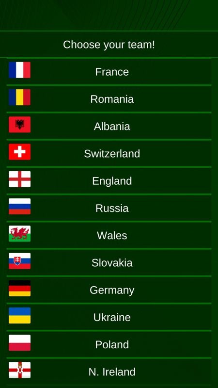 Euro 2016 Manager (Android) screenshot: Selecting a team to manage