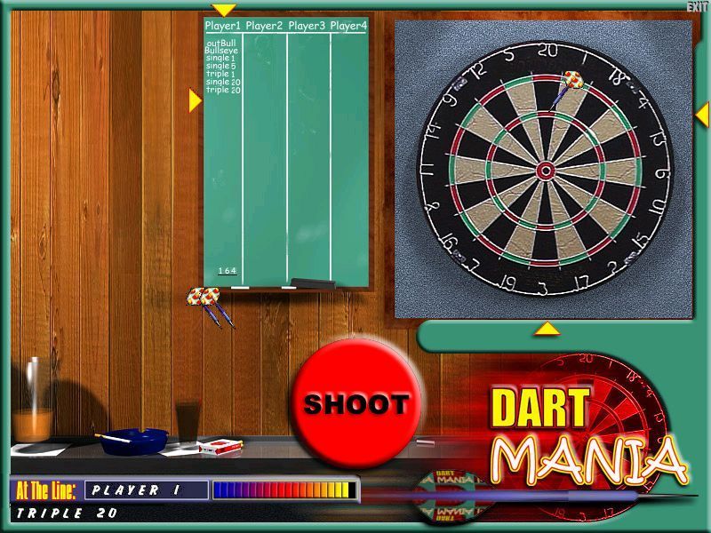 Dart Mania (Windows) screenshot: A freestyle game in progress, this is the highest score with 27 darts. <br>The pointers next to the dartboard are used to aim the dart, the ones on the scoreboard show who's playing