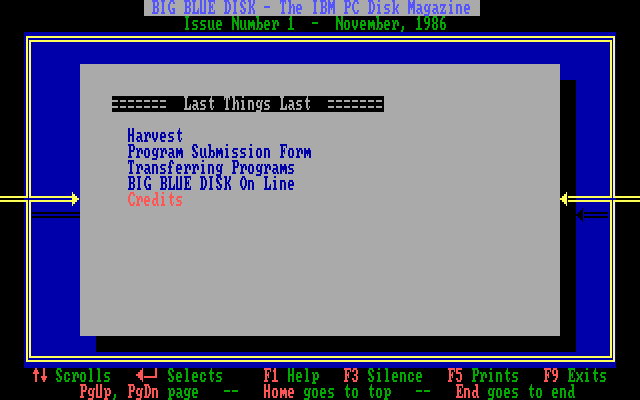 Big Blue Disk #1 (DOS) screenshot: The bottom of the menu
