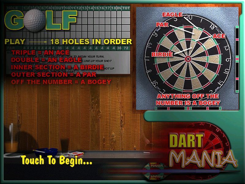 Dart Mania (Windows) screenshot: The help screen for a game of Golf