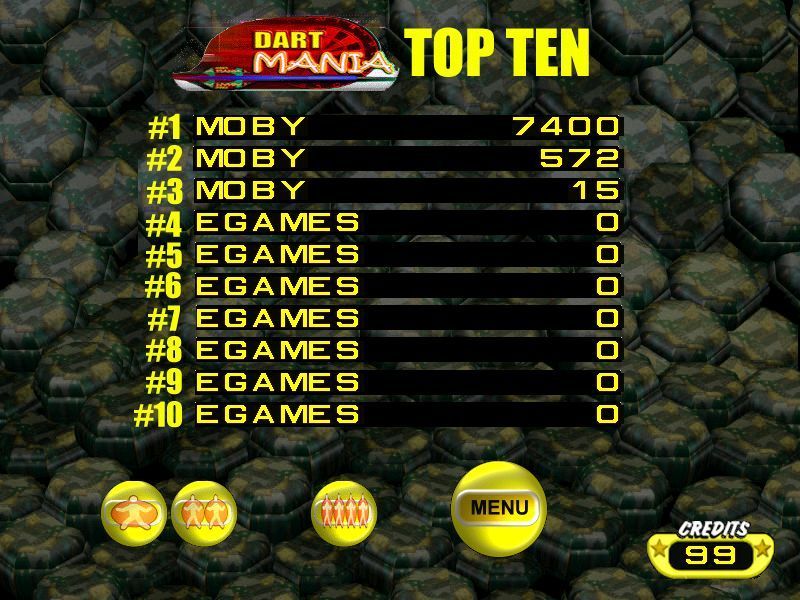 Dart Mania (Windows) screenshot: The high score table does not separate out the scores for the different games