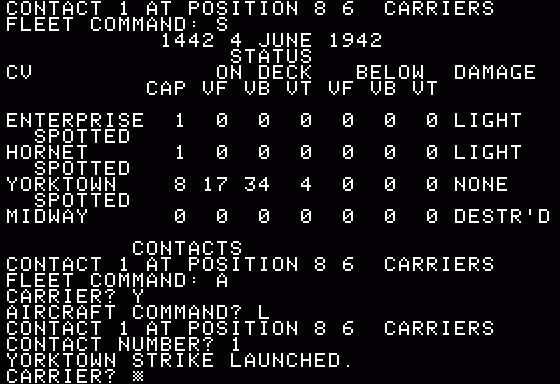 Midway Campaign (Apple II) screenshot: 2nd attack by Enterprise/Hornet just launched from Yorktown all carriers spotted