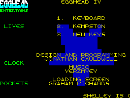 Egghead 4: Egghead Entertains (ZX Spectrum) screenshot: Control method selection and credits