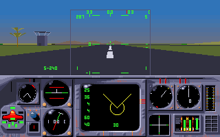 MiG-29M Super Fulcrum (DOS) screenshot: Cockpit view, while taking off - pure vector fun!