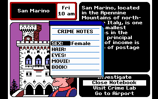 Where in Europe is Carmen Sandiego? (DOS) screenshot: Use the Notebook to keep a record of the Character Clues you have found