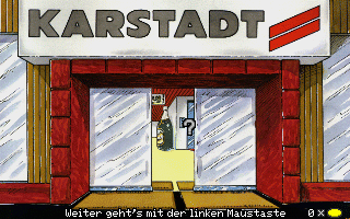 Space Job (DOS) screenshot: Info part: Explore a typical Karstadt department store.