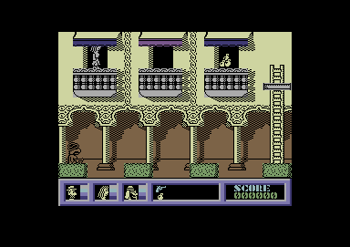 Mystery of the Nile (Commodore 64) screenshot: Starting location. I need to get the ammo on the other balcony.