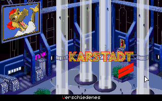 Space Job (DOS) screenshot: The Karstadt store planet with its four departments.
