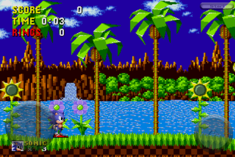 Sonic the Hedgehog (iPhone) screenshot: The familiar Green Hill Zone stage.