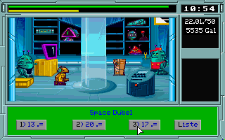 Space Job (DOS) screenshot: "Price the product" mini-game. Mind-numbingly boring.