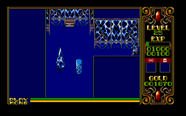 Xak II: Rising of the Redmoon (PC-98) screenshot: Blue dungeon, weird geometrically shaped enemies... no wonder nobody wants my job