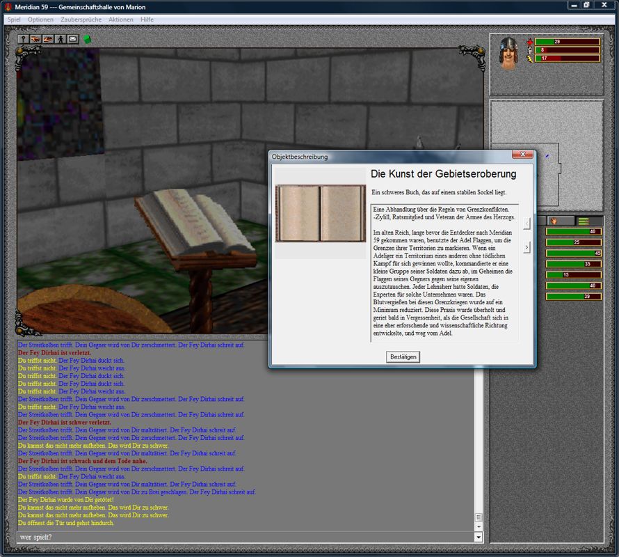 Meridian 59: Evolution (Windows) screenshot: There are many books one can read in Meridian. This one tells you the story behind PvP.