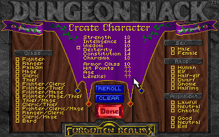 Dungeon Hack (DOS) screenshot: The character creation system is pretty powerful for a dungeon crawl.
