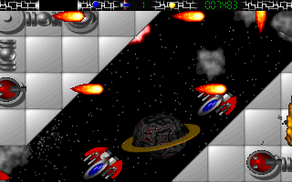 Terroid (DOS) screenshot: Lots of alien ships and ground based cannon<br><br>Demo version