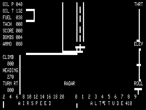 Flight Simulator (TRS-80) screenshot: Down arrow displays Radar view of plane from top down viewpoint