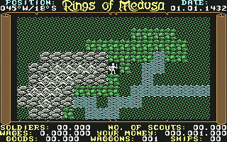 Rings of Medusa (Commodore 64) screenshot: Starting in the wilderness with no money and no soldiers.