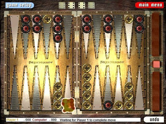 Battlegammon (Windows) screenshot: Here the computer AI has rolled a double six and has knocked a player piece from the board. The piece is removed with a themed animation, in this case some sort of spell is cast