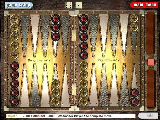Battlegammon (Windows) screenshot: The Gothic Castle board at the start of a game in 2D mode. The dice have already been rolled and await the player's move