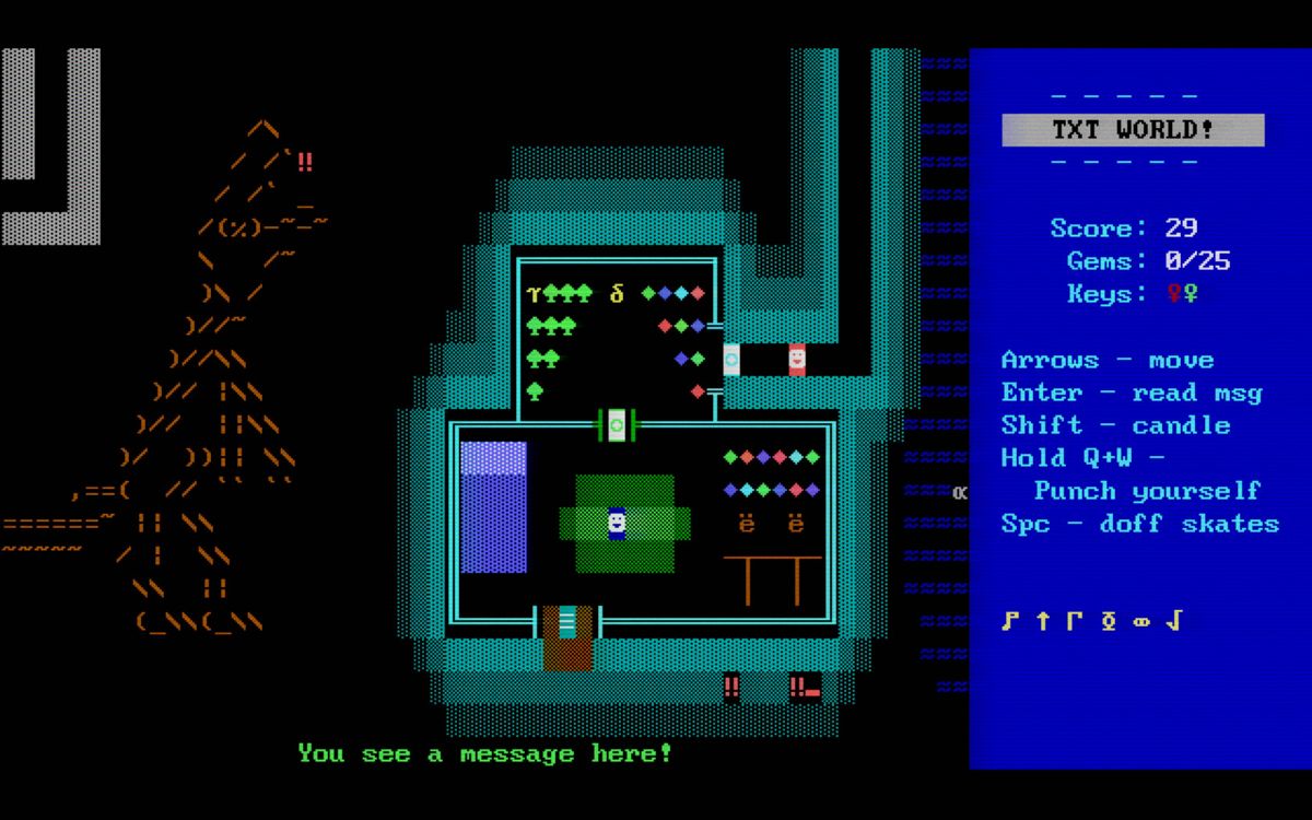 Glittermitten Grove (Windows) screenshot: <i>Frog Fractions 3</i>: an ASCII monster to the left and a sneaky character on the right.