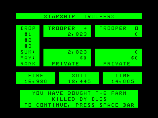 Klendathu (TRS-80 CoCo) screenshot: The game over screen