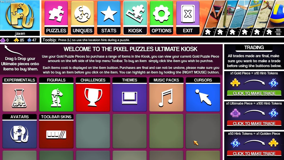 Pixel Puzzles Ultimate (Windows) screenshot: In the kiosk the player can buy additional items with golden pieces like...