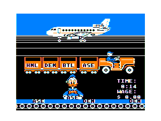 Donald Duck's Playground (TRS-80 CoCo) screenshot: Make sure luggage gets to the correct destination