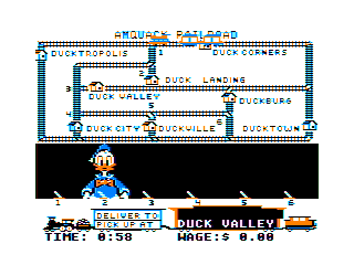 Donald Duck's Playground (TRS-80 CoCo) screenshot: The railroad game - use the switches to get the train to make deliveries