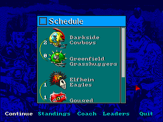Blood Bowl (DOS) screenshot: The schedules for the games and their outcomes.