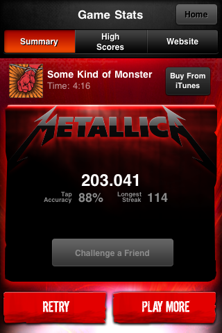 Tap Tap Revenge: Metallica (iPhone) screenshot: 88% accuracy - not bad for that shitty song.