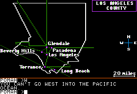 Crosscountry California (Apple II) screenshot: Impossible to drive into the Pacific Ocean