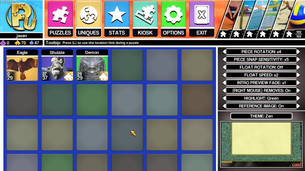 Pixel Puzzles Ultimate (Windows) screenshot: Puzzles from the kiosk are stored in the "Uniques" tab of the game.