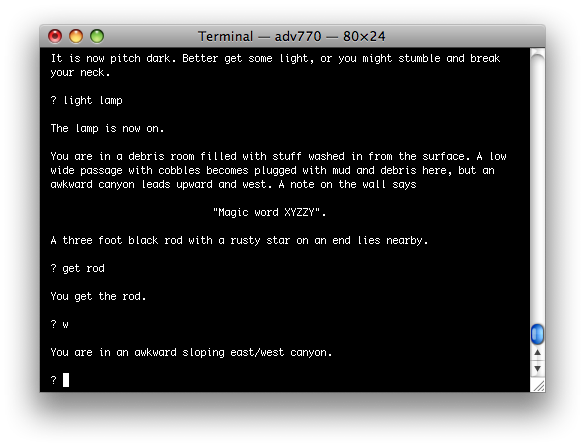 ADV770 (Macintosh) screenshot: Encountering magic words and darkness