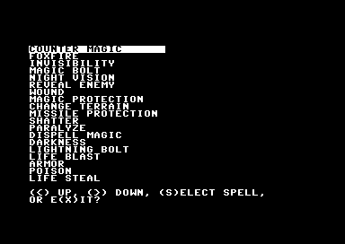 Wizard's Crown (Commodore 64) screenshot: List of sorcerer spells