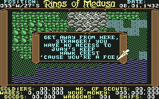Rings of Medusa (Commodore 64) screenshot: We must not enter this town.