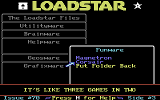 Loadstar #70 (Commodore 64) screenshot: The menu... Looking at this month's Funware games.