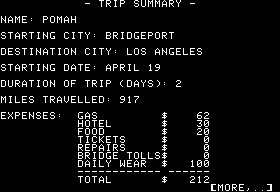 Crosscountry California (Apple II) screenshot: Trip summary may be examined or printed for the analysis