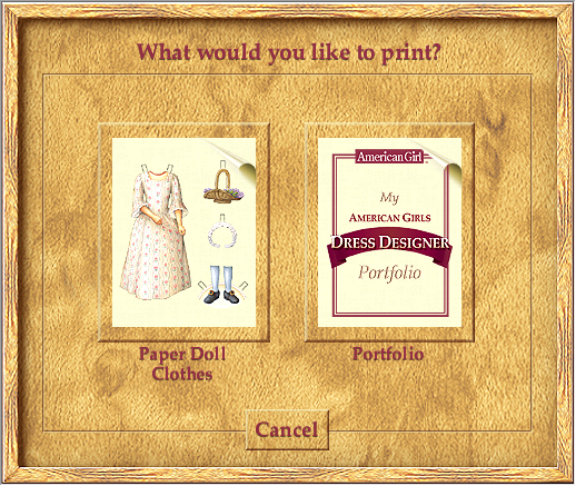 The American Girls: Dress Designer (Windows) screenshot: Popup window prompt asking the player if they want to print out a paper doll outfit, or the whole portfolio.