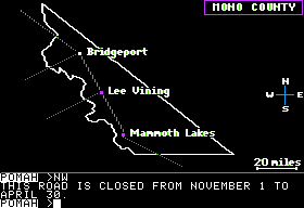 Crosscountry California (Apple II) screenshot: Mountain roads may be closed during the winter