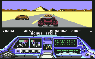 Techno Cop (Commodore 64) screenshot: Warning saying that car may collide