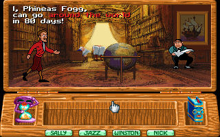 Around the World in 80 Days (DOS) screenshot: Phineas Fogg makes his challenge.