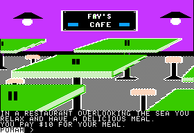 Crosscountry California (Apple II) screenshot: Easter Egg in the name of cafe, it is a name of woman used by Didatech in several previous games