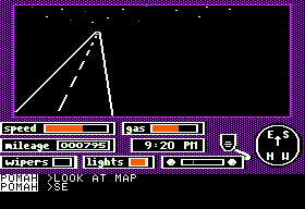 Crosscountry California (Apple II) screenshot: Driving at night