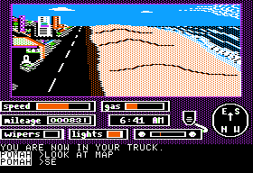 Crosscountry California (Apple II) screenshot: You just want to stop the truck and go swimming