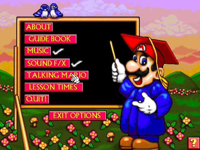 Mario Teaches Typing 2 (Windows) screenshot: The main Options menu let you access the Guide Book and Lesson Times screens, as well as turn the music, the sound effects and the talking Mario head on or off.